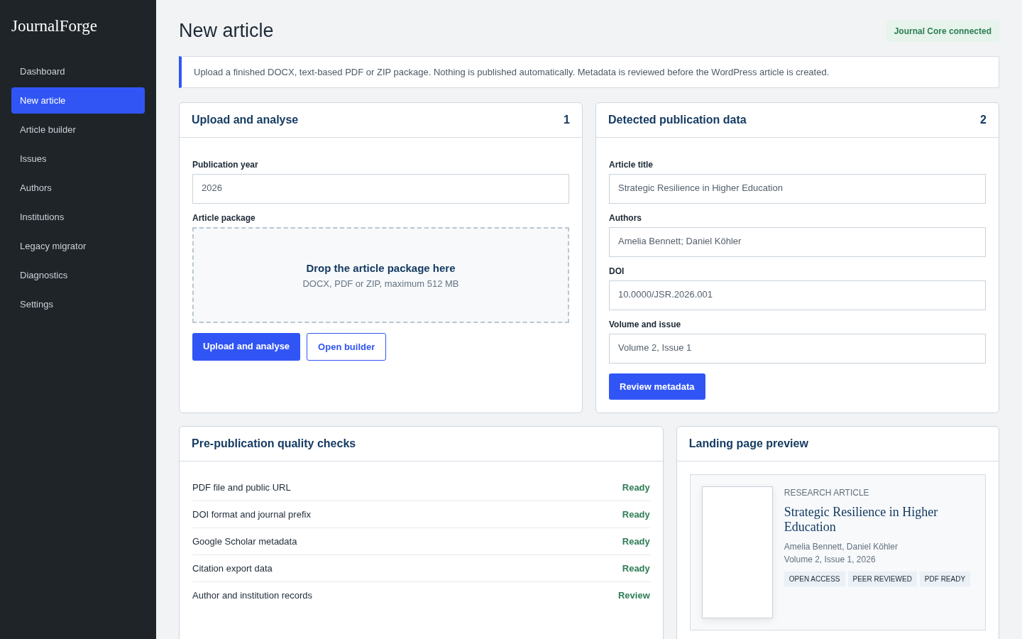 JournalForge article builder dashboard